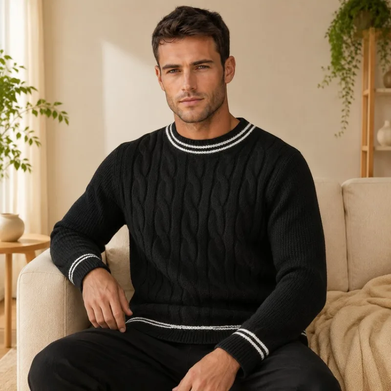 Minimalist Black & Cream Cable Knit Sweater – Textured Wool-Blend Crew Neck, Dropped Shoulders, Casual Layering Piece