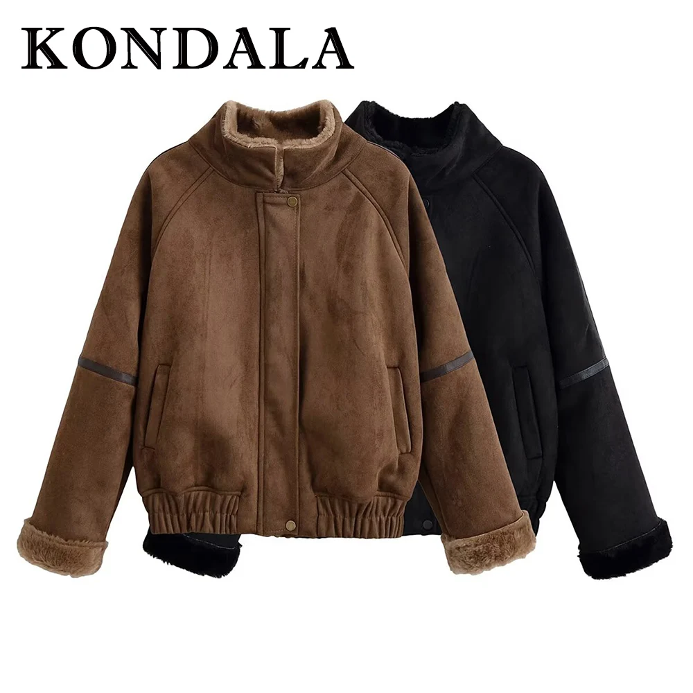 KONDALA Vintage Winter Brown Streetwear Cool Flurry Collar Women Jacket Fashion 2025 Zipper Chic High Street Warm Female Outwear