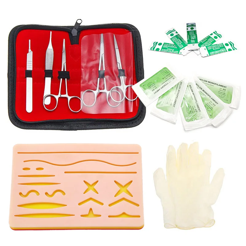 Multi-wound suturing practice model kit, skin suturing module, skin pad, suture thread, blade, cross-border source