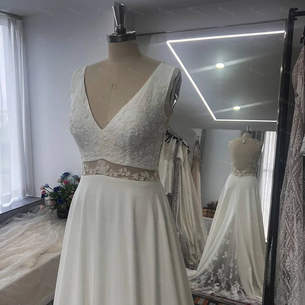 Mryarce Eleganz 3d Blumen v Hals eine Linie Seite Schlitz Brautkleider Brautkleider mit abnehmbaren Ärmeln – Detail 6