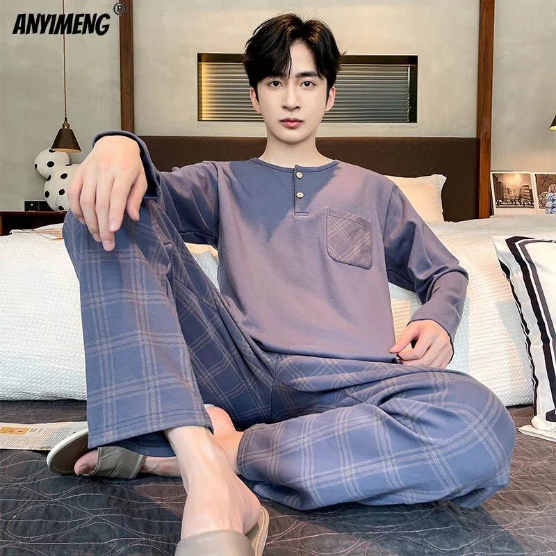 Fashion Sleepwear Young Man\'s Pajama Set Black Plaid Cool Stylish Korean Pijamas Long Sleeved Autumn Winter Leisure Homewear 4xl