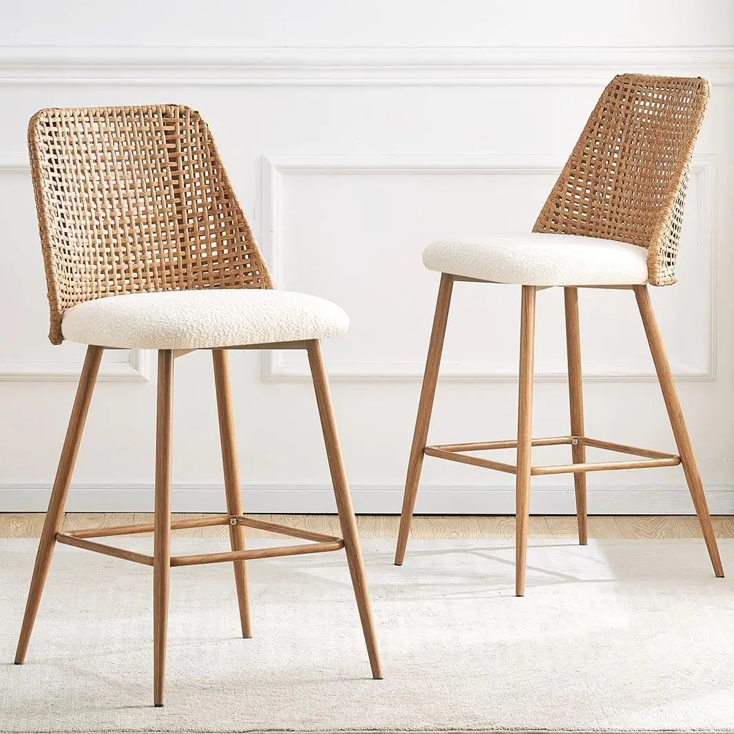 

Rattan Counter Height Bar Stools Set of 2, 26" Boucle Fabric Upholstered Barstools with PE Rattan Cane Back, Bar Chairs