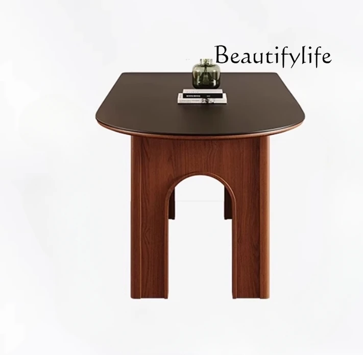 

Semicircle Stone Plate Dining Tables and Chairs Set French Style Mid-Ancient Solid Wood Wall Nordic Style Dining Table