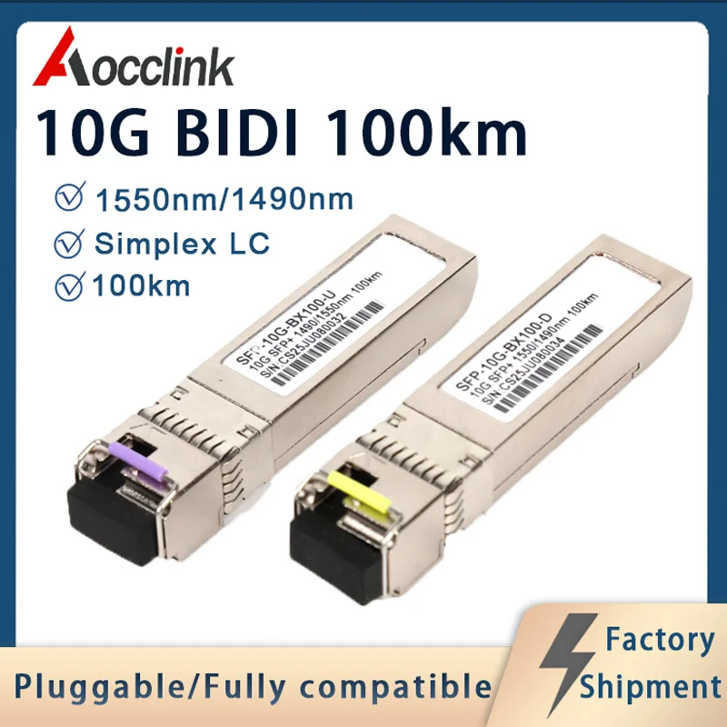 Single-fiber bidi 10GBASE BX-U 100km SFP+ optical transceiver module, LC port for Cisco Mikrotik switches.