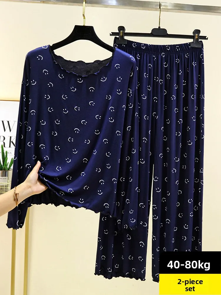 

Loose Modal Print Sleepwear Women's Autumn Long Sleeve Face Pajamas Pants plus Size Can Be Worn outside Set of T-Shirt