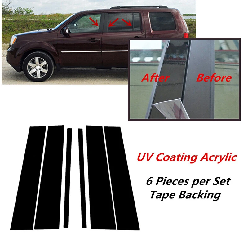 6 Pcs Car Pillar Posts Door Trim Decal Cover Glossy Piano Black for Honda Pilot Ridgeline 2009 2010 2011 2012 2013 2014 2015