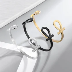 Stainless Steel Simple Ankh Cross Bangles Men's Ancient Egyptian Key of Life Open Bracelet Women's Religious Amulet Jewelry