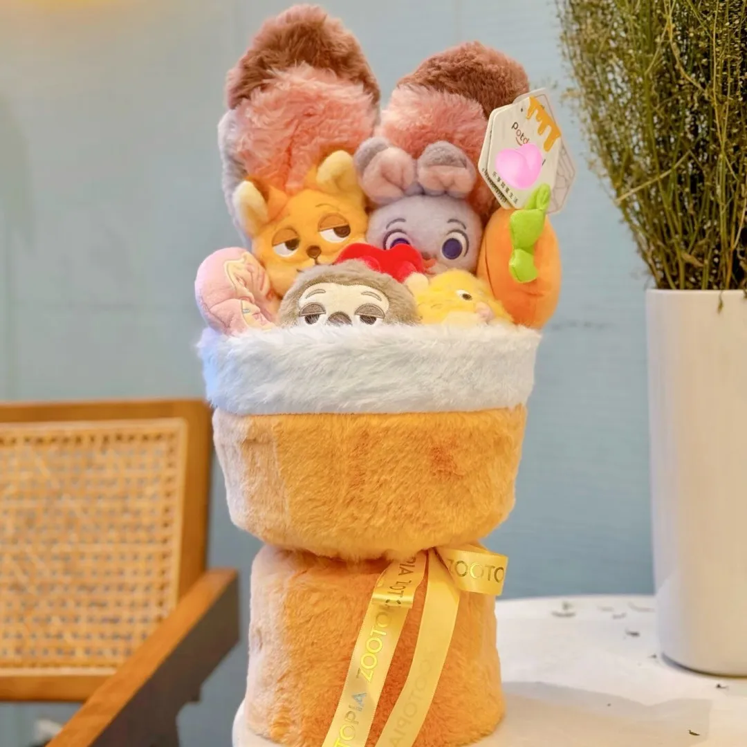 Disney zootopia nick & judy boneca de pelúcia série pequena reunião momentos anime figura com buquê de flores presente do dia dos namorados