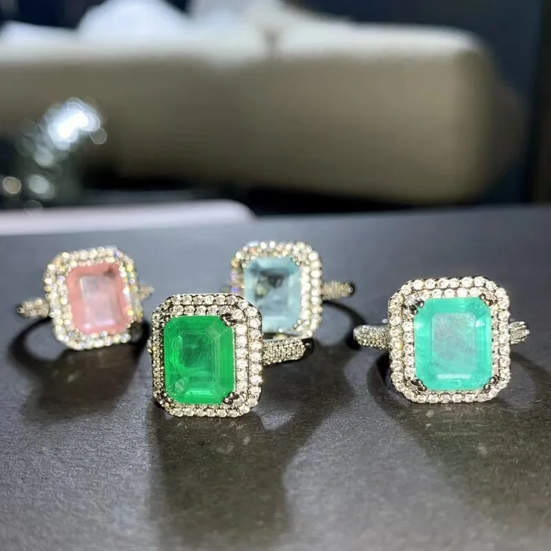 

Delicate Palaypa Sapphire Grandmother Green Pink Square Full Diamond Couple Ring For Women Engagement Wedding Bride Gift Jewelry