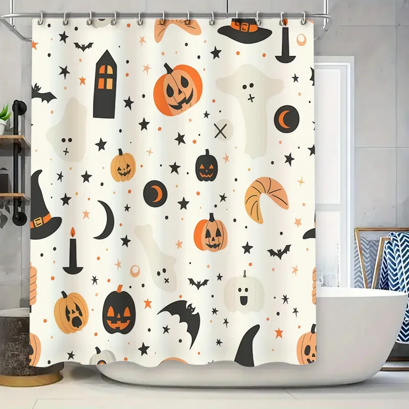 Halloween Decorations Shower Curtain Set with Pumpkin and Ghost Pattern for Bathroom Orange Black White Halloween Bat Witches