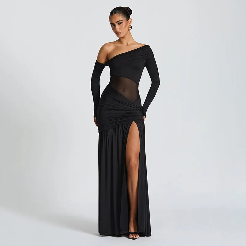 ZHIO Neues Kleid mit schrägem Kragen und langen Ärmeln, sexy schulterfreies Maxikleid mit seitlichem Schlitz, elegantes rückenfreies enges langes Clubkleid für Damen – Detail 8