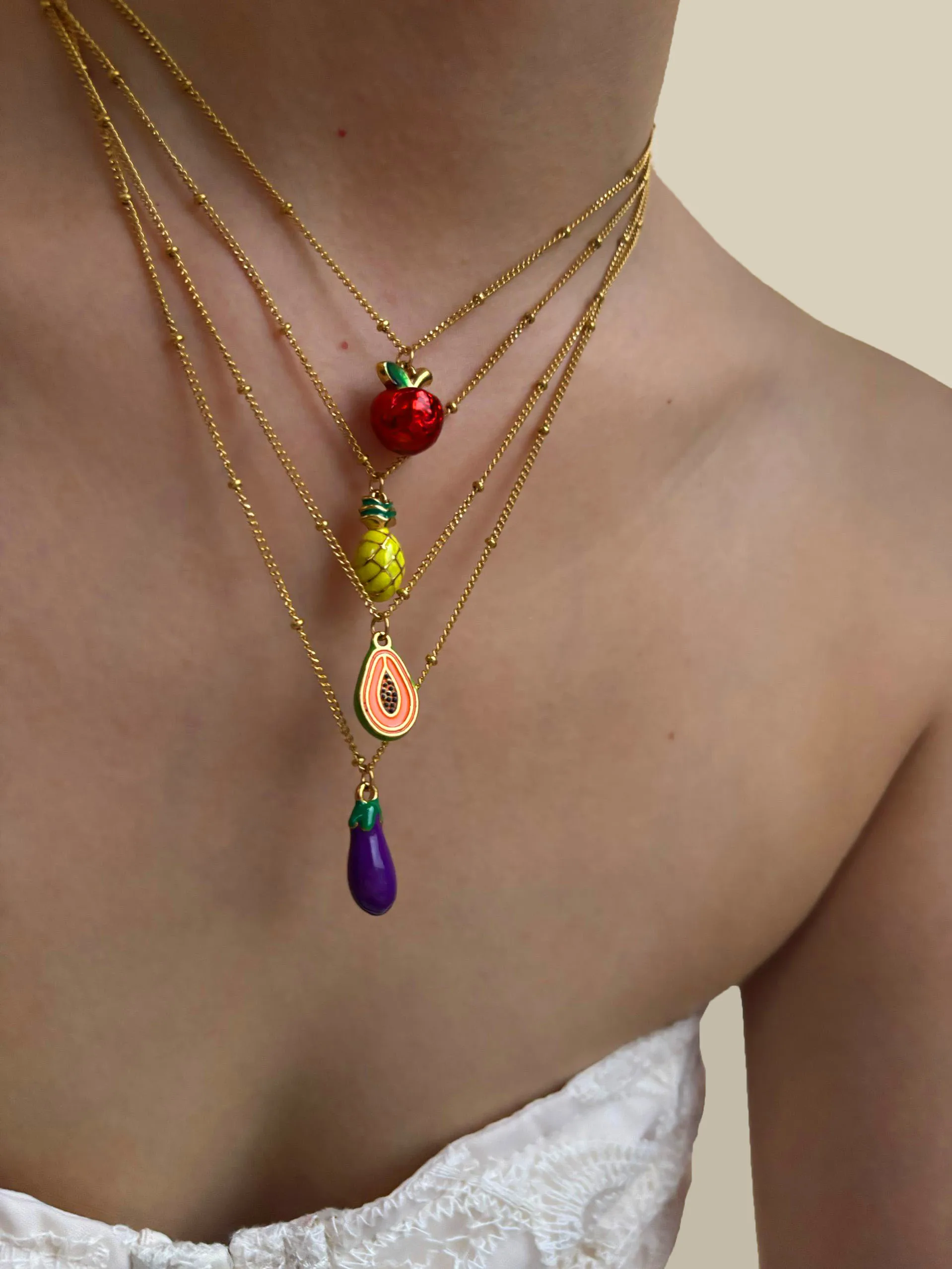 Peri'sbox 18K Gold-plated Necklace Avocado Apple Pineapple Eggplant Fruit Vegetable Enamel Pendant for Women High End Niche Gift