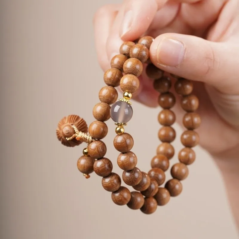8mm full-grain six-wood original hand-beaded beads, double-loop design with lotus pendant, vintage Buddhist prayer bead b