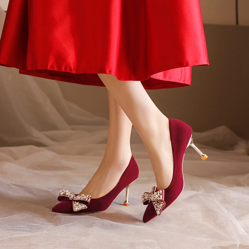 Sexy Red Velvet Wedding Shoes for Women 2024 Luxury Pearl Bowknot Pointed Toe Pumps Woman Stiletto High Heels Dress Shoes