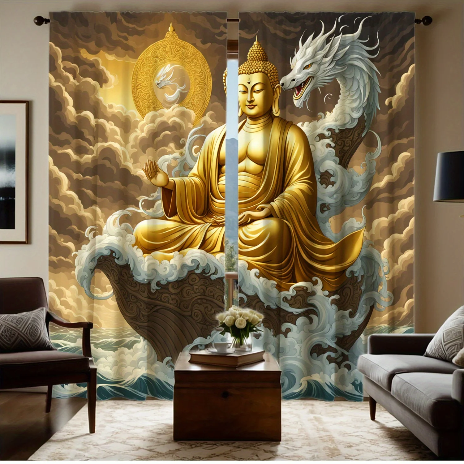 Buddha Lotus Dragon Curtains 2-Pack, HD Digital Print with Bamboo Weave Plant Accents for Living Room Bedroom Study Decor