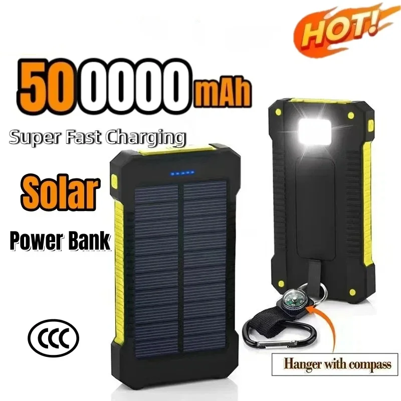 

Водонепроницаемый портативный солнечный повербанк на 500000 мАч с двумя USB-портами для путешествий и кемпинга, 2026