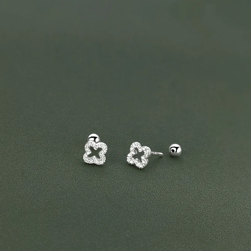 Beliebte Silberfarbene Kleeblatt-Zirkon-Ohrstecker für Damen, Süße Exquisite Schraubverschluss-Ohrschmuck, Geburtstagsgeschenke – Detail 6