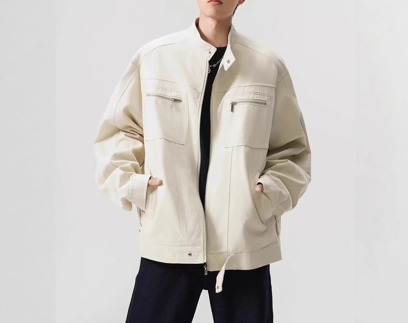 

Washed Canvas Jacket Men's 2026 Spring and Autumn Short Stand-up Collar Tooling Jacket