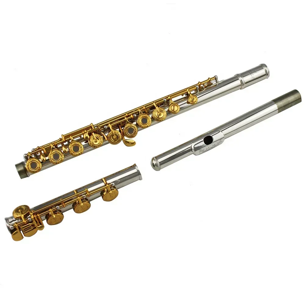 

Wholesale Professional Musical Instrument High Grade 17 open hole Silver plated body Gold plated key flute OEM