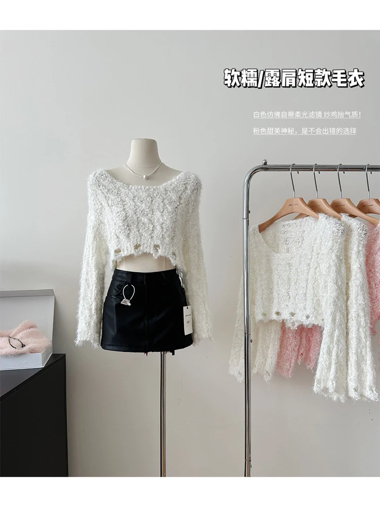 

Women's White Torn Pullover Knitted Sweater Y2k 90s Harajuku Korean Vintage Long Sleeve Jumper Pink Knit Sweater 2000s Clothes