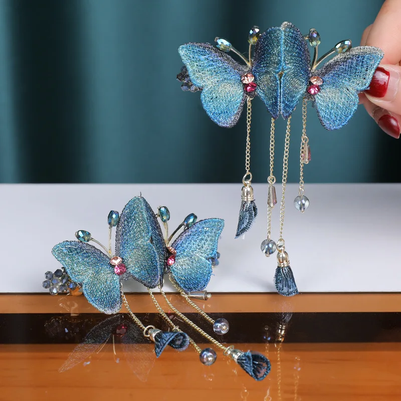Vintage Ice Blue Embroidered Double Butterfly Spring Hair Clip Rhinestone Tassel Women Half Updo Back Head Cute Daily Hair Decor