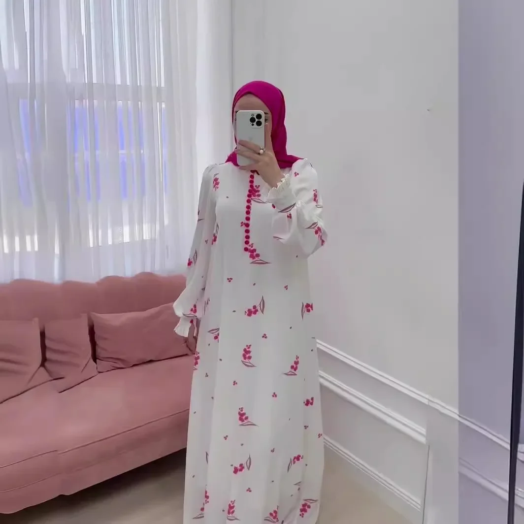 Turkey Arabic Muslim Dress Women Spring Little Fresh Floral  Dress for Women Dubai Abaya Loose Printed Long Robe Femme Vestidos