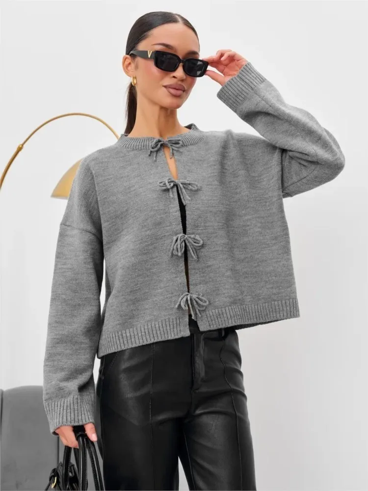 

New Autumn Winter Casual Women Solid Loose Lace Up Long Sleeve Knitted Cardigan, Elegant Lady Cropped Sweaters Coat, Knitwear