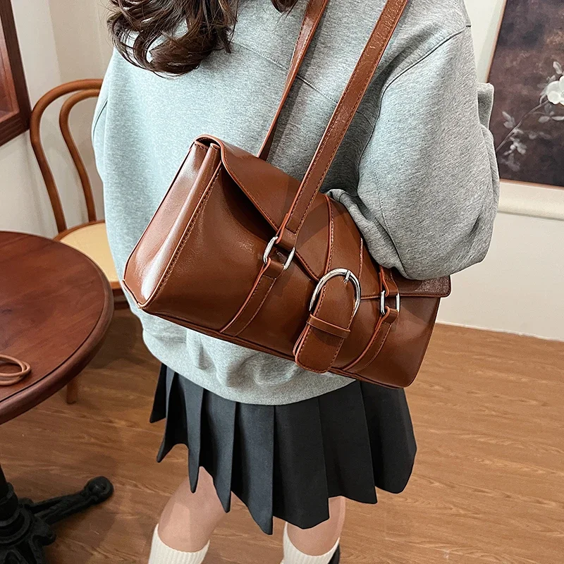 LEFTSIDE 2024 Winter Belt Design Y2K Retro Design Small PU Leather Underarm Bag Women Fashion Handbags New Trend Shoulder Bag