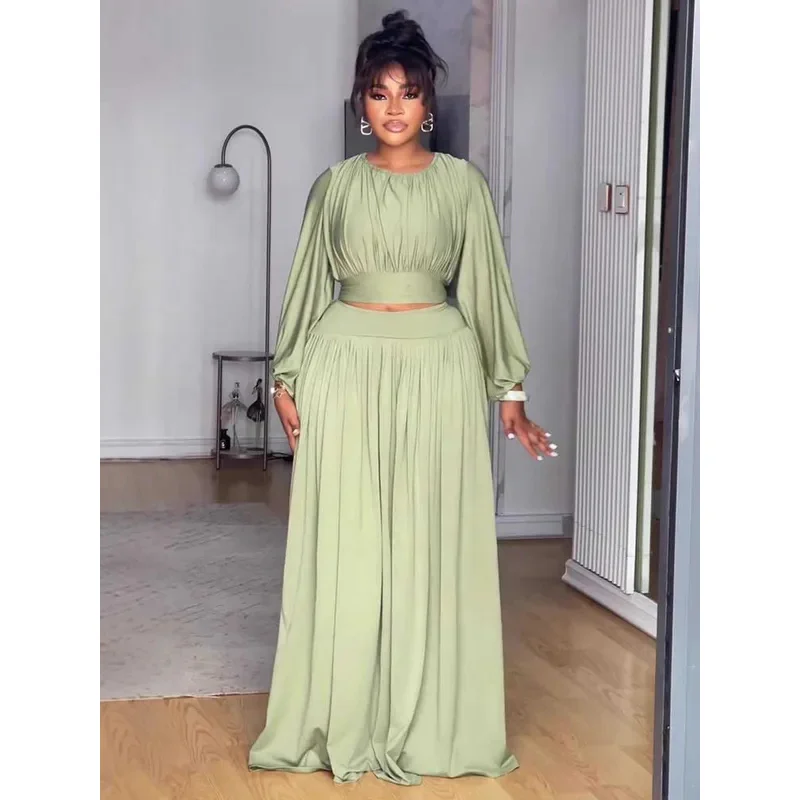 

BKQU Elegant Ruched Dress Suit Women Long Sleeve Crop Tops A-line Long Skirt 2 Piece Vacation Party Matching Suit 2026 Spring