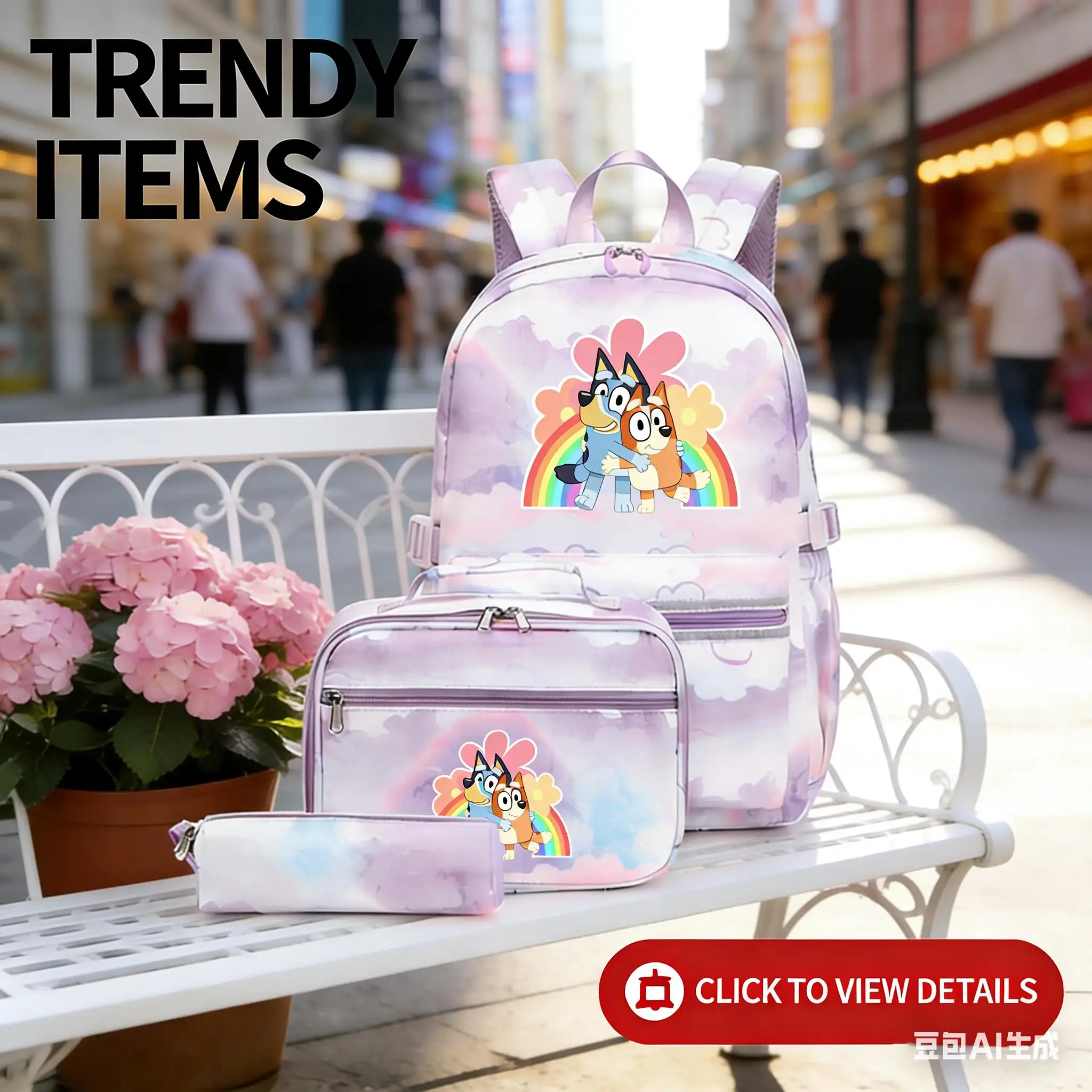

3Pcs Bluey Large Capacity Backpack Daypack Lightweight Purple School bag Travel Knapsack for Women Girls Pen Lunch Bags Set