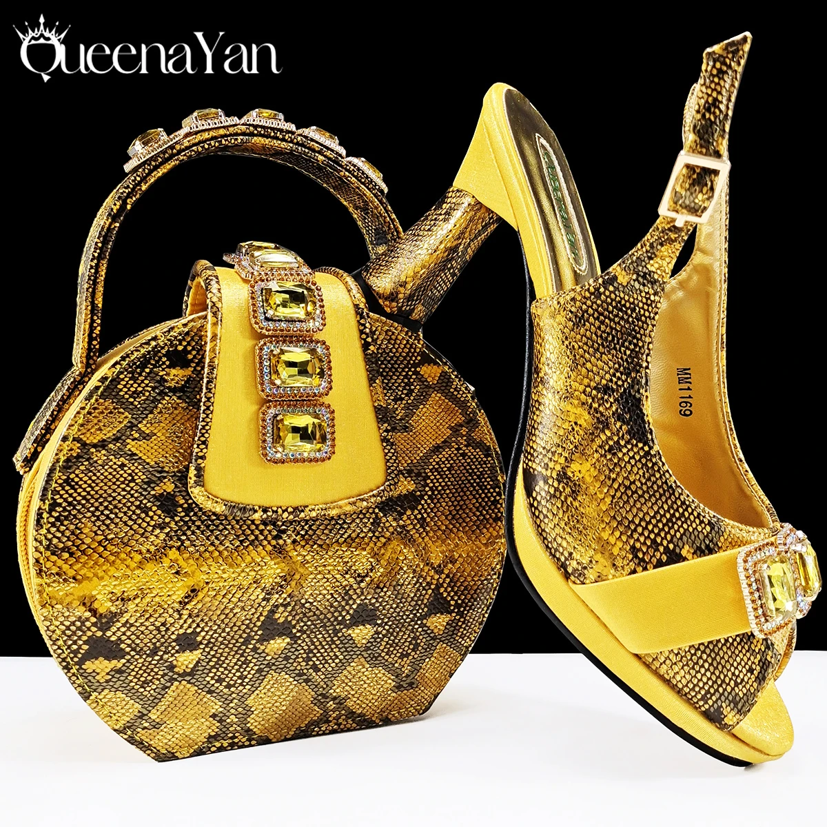 Queena Yan New Luxurious Italian Women's Party Shoes&Bag Set Elegant Golden Rhinestone  Sandals with Peep Toe High Heels Wedding