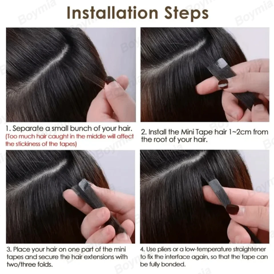 Mini Cinta en Extensiones de Cabello Humano Doble Cara PU Sin Costuras Cinta en Cabello 10pzs/paquete Natural Recto Negro Marrón Rubio 6