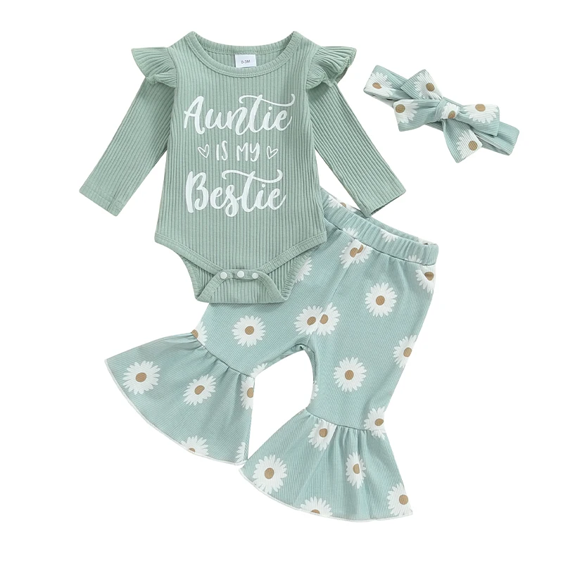 

Infan Baby Girl Fall Outfit Ribbed Long Sleeve Letter Print Romper Daisy Flared Pants Headband 3Pcs Set Cute Clothes