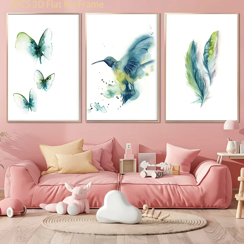 (No frame)2D Flat, 3pcs Bohemian Minimalist Emerald Green Watercolor Hummingbird & Feather Prints - Vertical Suitable for Roo