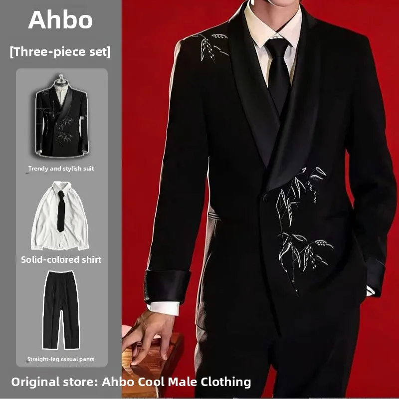 

New Chinese Sle Men's Suit Bla Qingguo Collar Embroidery Wedding omsmen Formal Wear Set Spring Autumn Stand Fit
