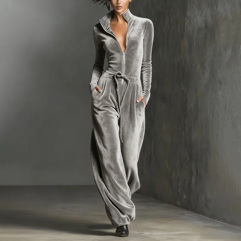 

Весенний женский комбинезон 2026 из однотонного бархата в стиле ретро, элегантный, с воротником-стойкой на молнии до середины груди, с завязками на талии, повседневный, в уличном стиле