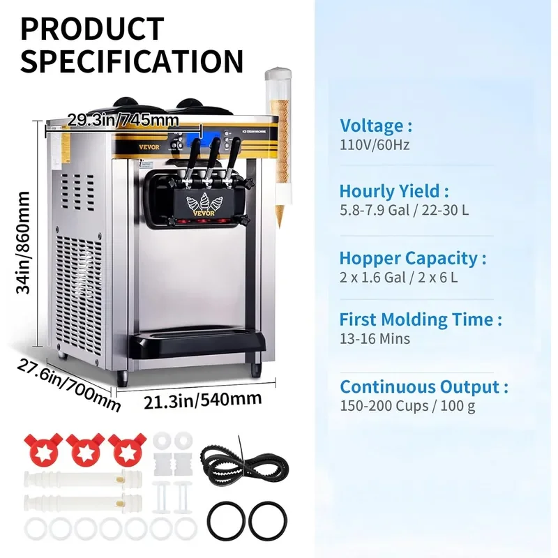 Commercial Ice Cream Maker 22-30L/H Yield Countertop Soft Serve Machine with 2x6L Hopper 2L Cylinder LCD Panel Puffing