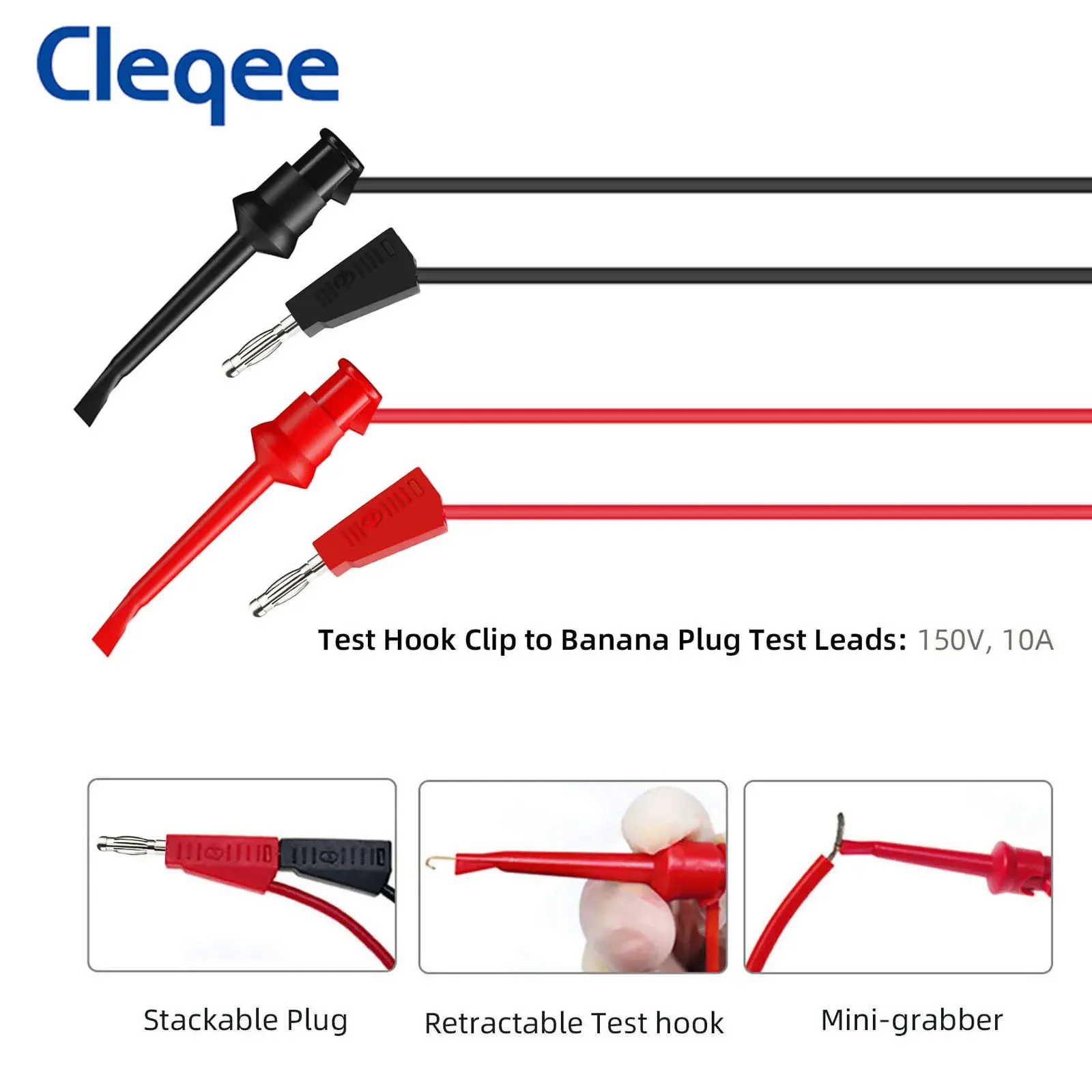 Cleqee kit de derivações de teste multímetro p1506c, com clipes de jacaré, plugue de banana empilhável para conjunto de cabo de teste de mini gravador