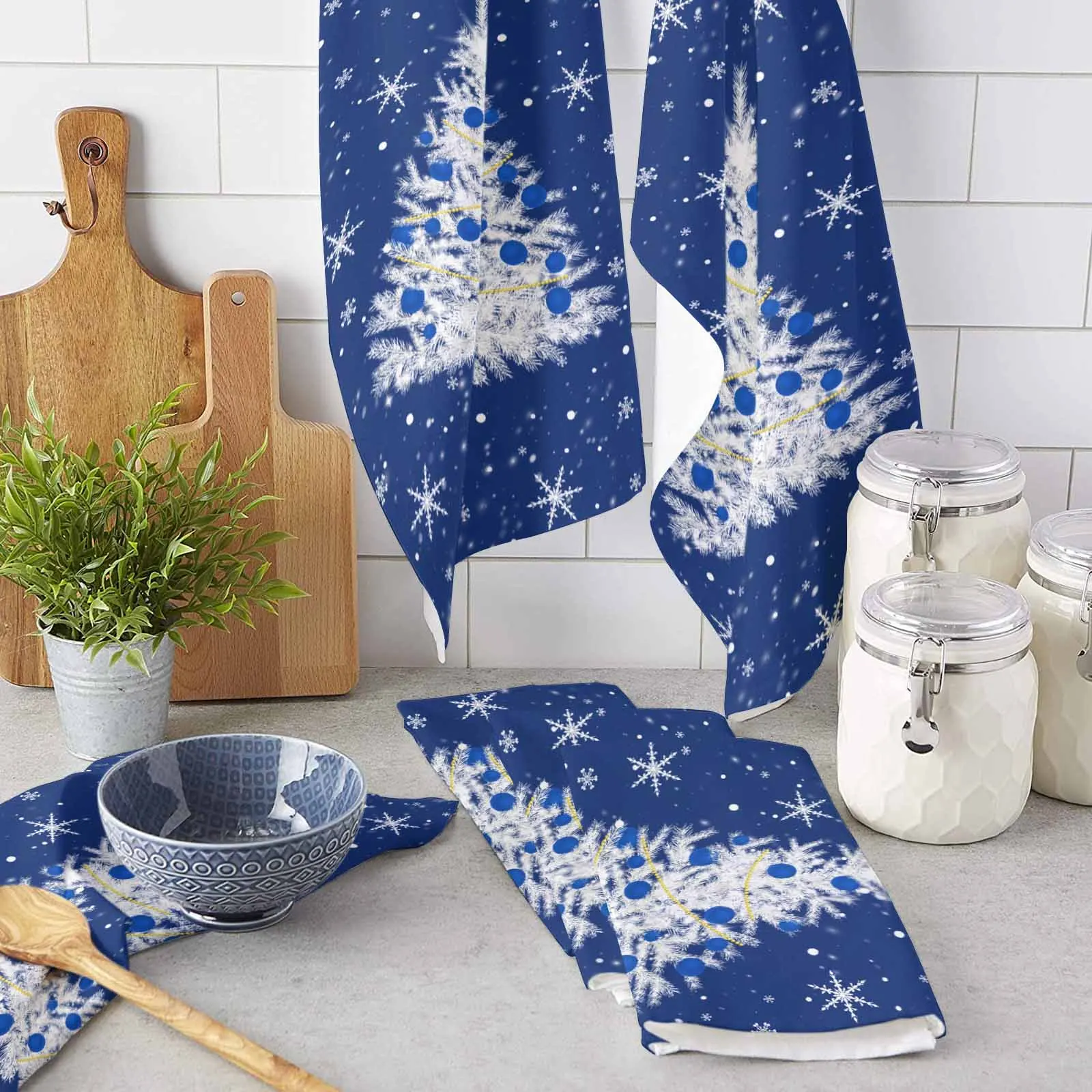 Blue Christmas Tree Snowflakes  Microfiber Towel Absorbent Kitchen Cleaning Cloth Dish Towel Household Cleaning Towel