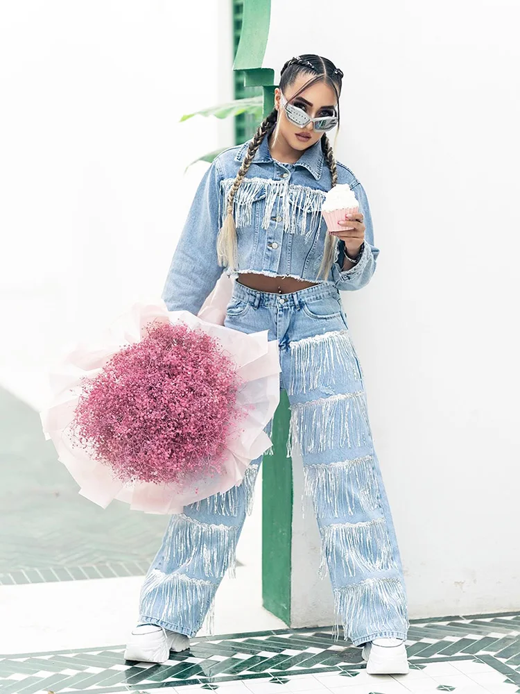 Fashion Woman Tassel Jeans American Street Shot Hot Item Sparkling Tassel Design Straight Tube High Street Sexy Style Blue Pants