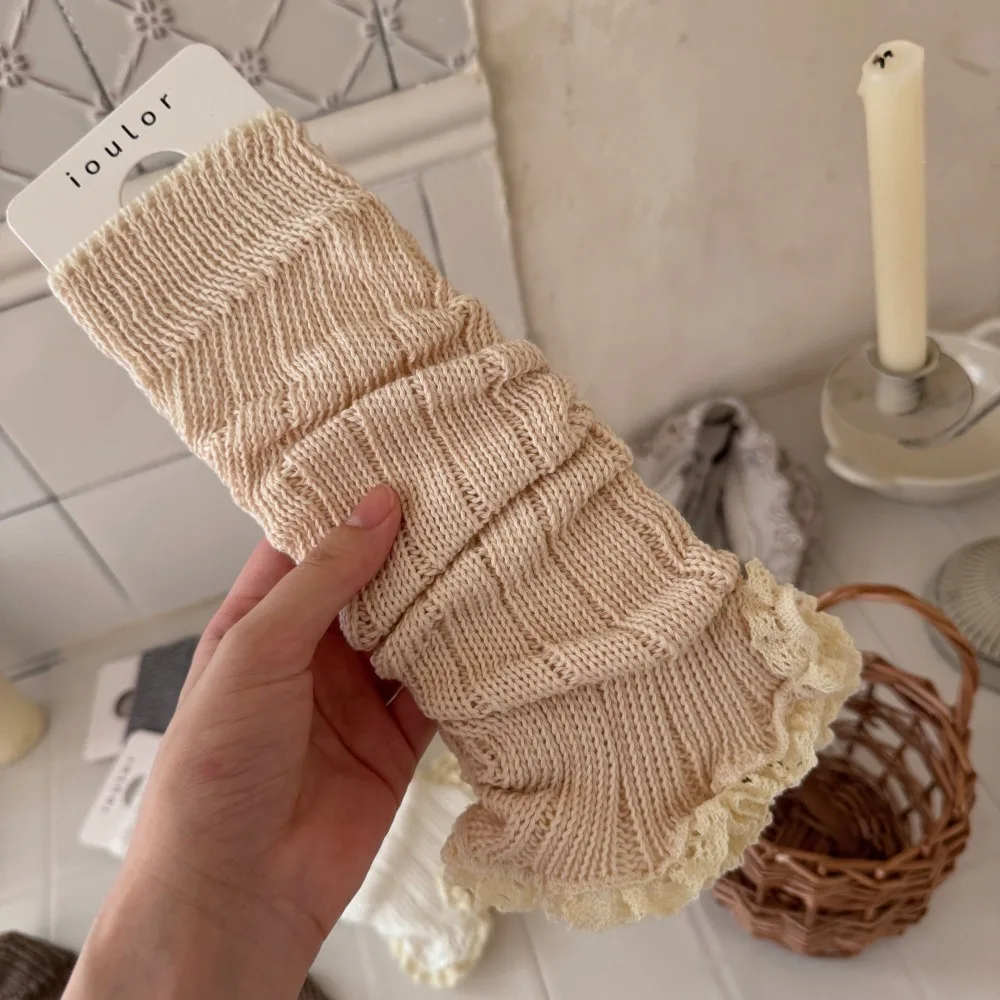 

Sweet Y2K Knitting Leg Warmers Lace Trim Thickened Warm Foot Cover Solid Color Boot Socks Autumn and Winter