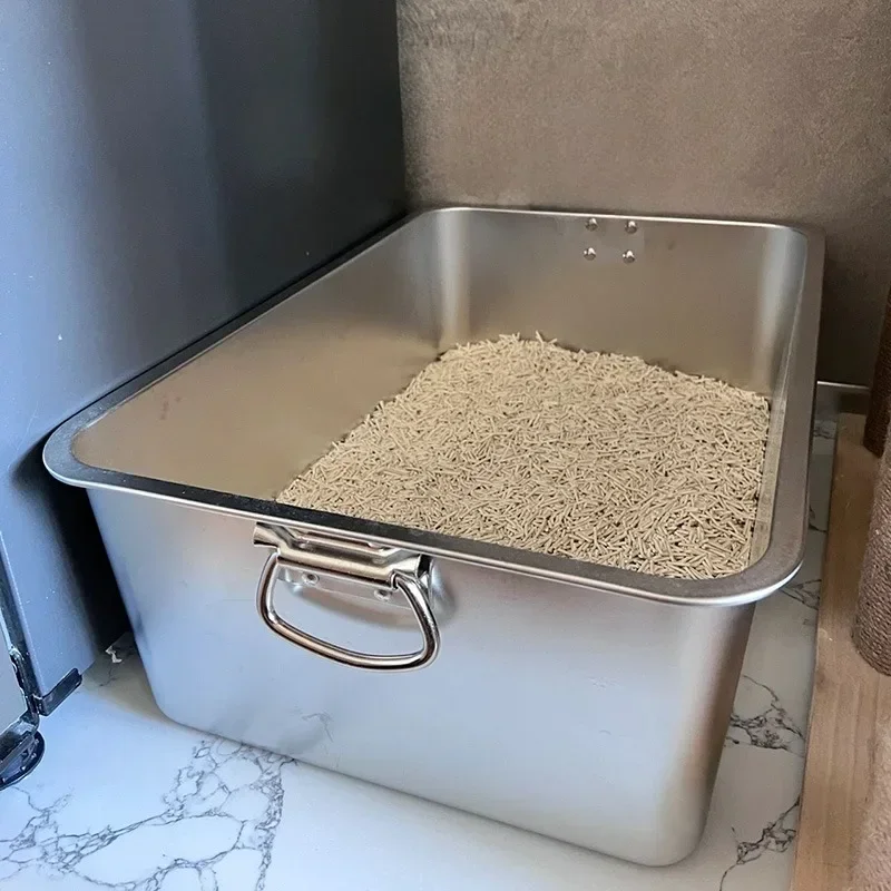 

Large Cat Litter Box with Handles Durable Stainless Steel Cats' Sandbox Spacious Low Entry Design Pet Bedpans for Pet Accessorie