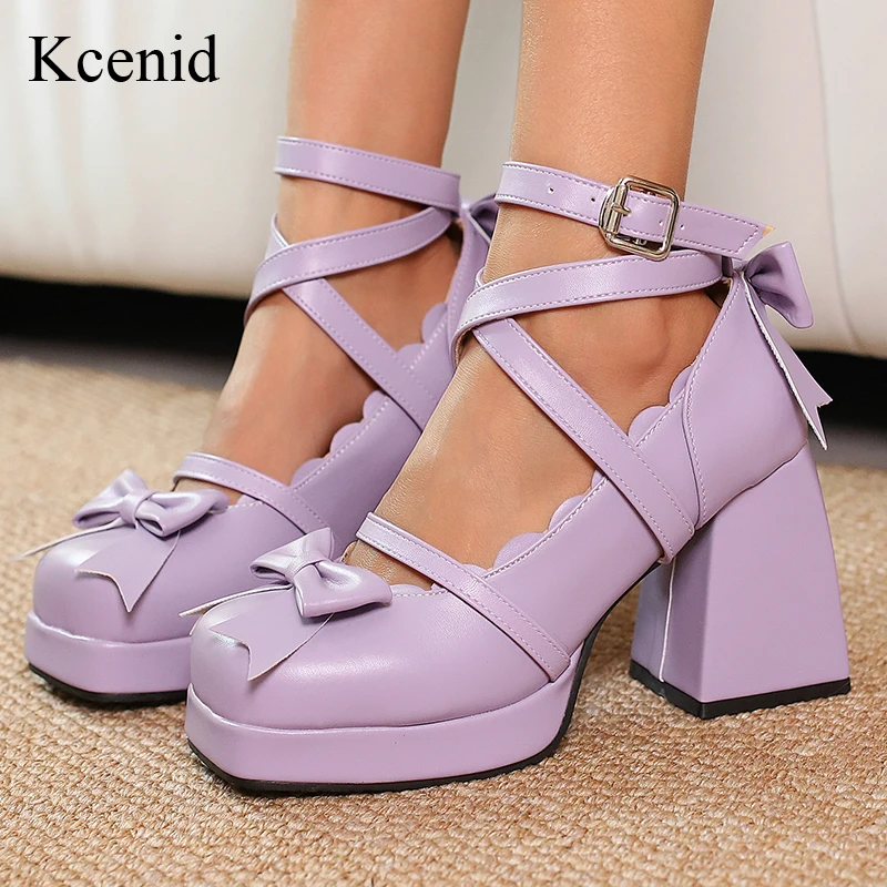 

Kcenid Women's Lolita Shoes High Heels Chunky Mary Janes Pumps Trendy Bowknot Platform Party Spring Shoes Sweet Style Size 47 48