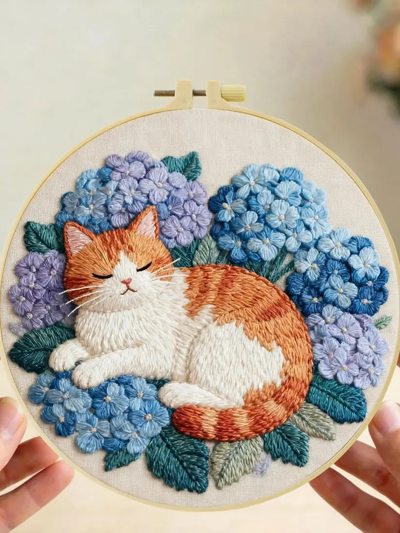 1 Stück 20X20CM/15X15CM Hortensien- und Katzen-Stickerei-Starter-Set DIY Kreuzstich-Nähkunst als Geschenk – Detail 1