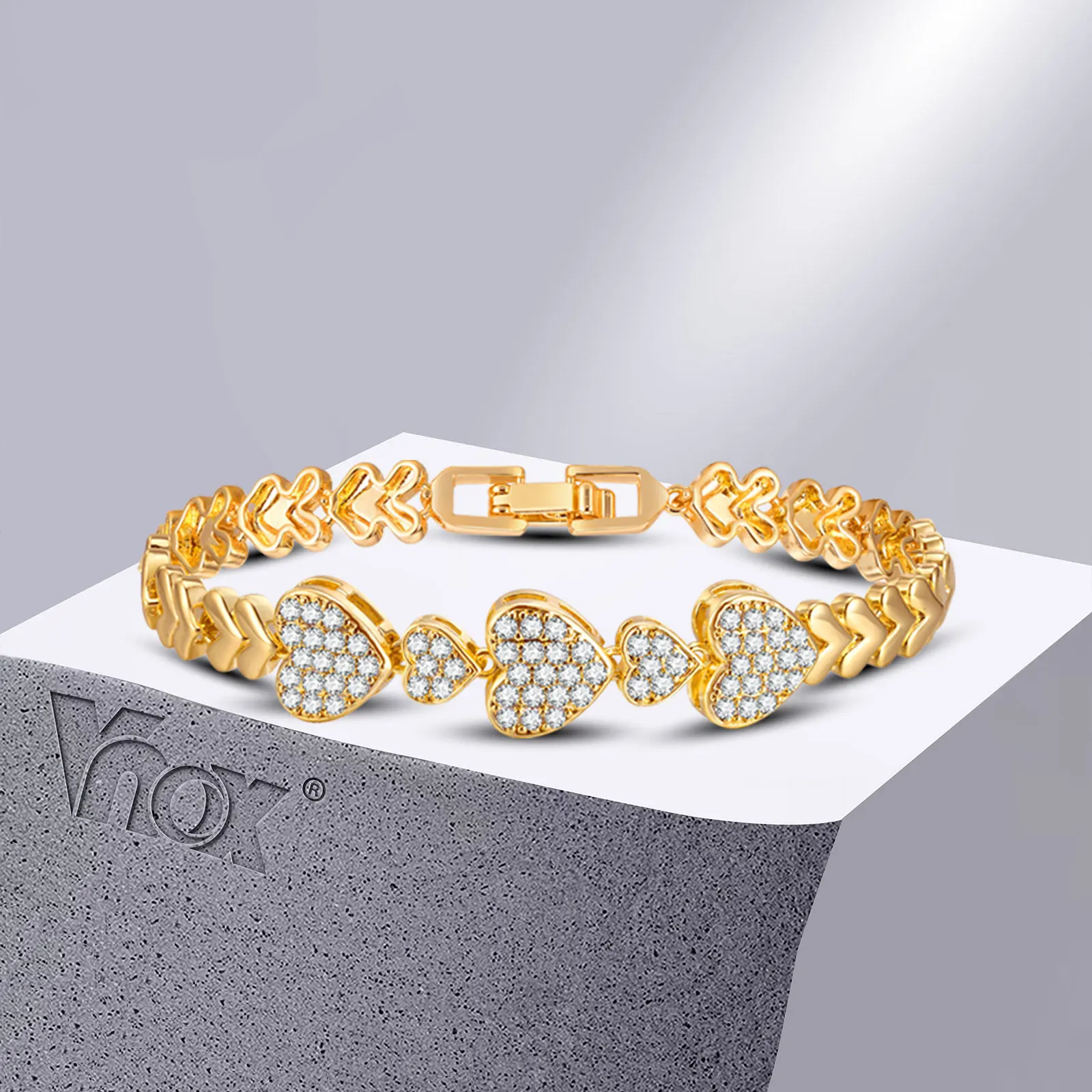 Vnox Glamour Heart Charm Chain Bracelets for Women,Bling Cubic Zirconia Wristband,Valentine's Mother's Day Birthday Party Gifts