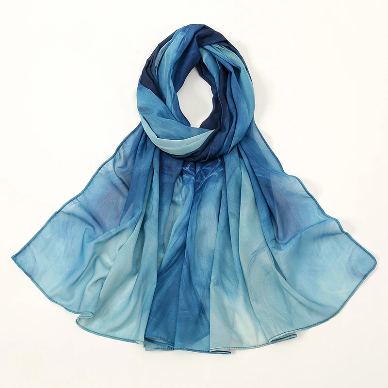 Hot Sale Watercolor Digital Print Chiffon Hijab Scarf Woman Muslim Hijab Shawl Lady Colorful Blue Ethnic Turban Bandana 180*70cm