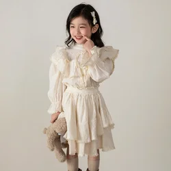 Pretty Girl Autumn 2024 New Girl Autumn Lace Set Children's Style Elegant Skirt  Kids Clothes Baby Girl Two Piece Sets