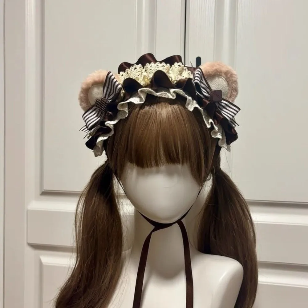Adjustable Bear Ear Cookies Headband Lace Bow Sweet Lolita Hair Hoop Lightweight Lace-up KC Girl Hair Accessory Sweet Girl Style