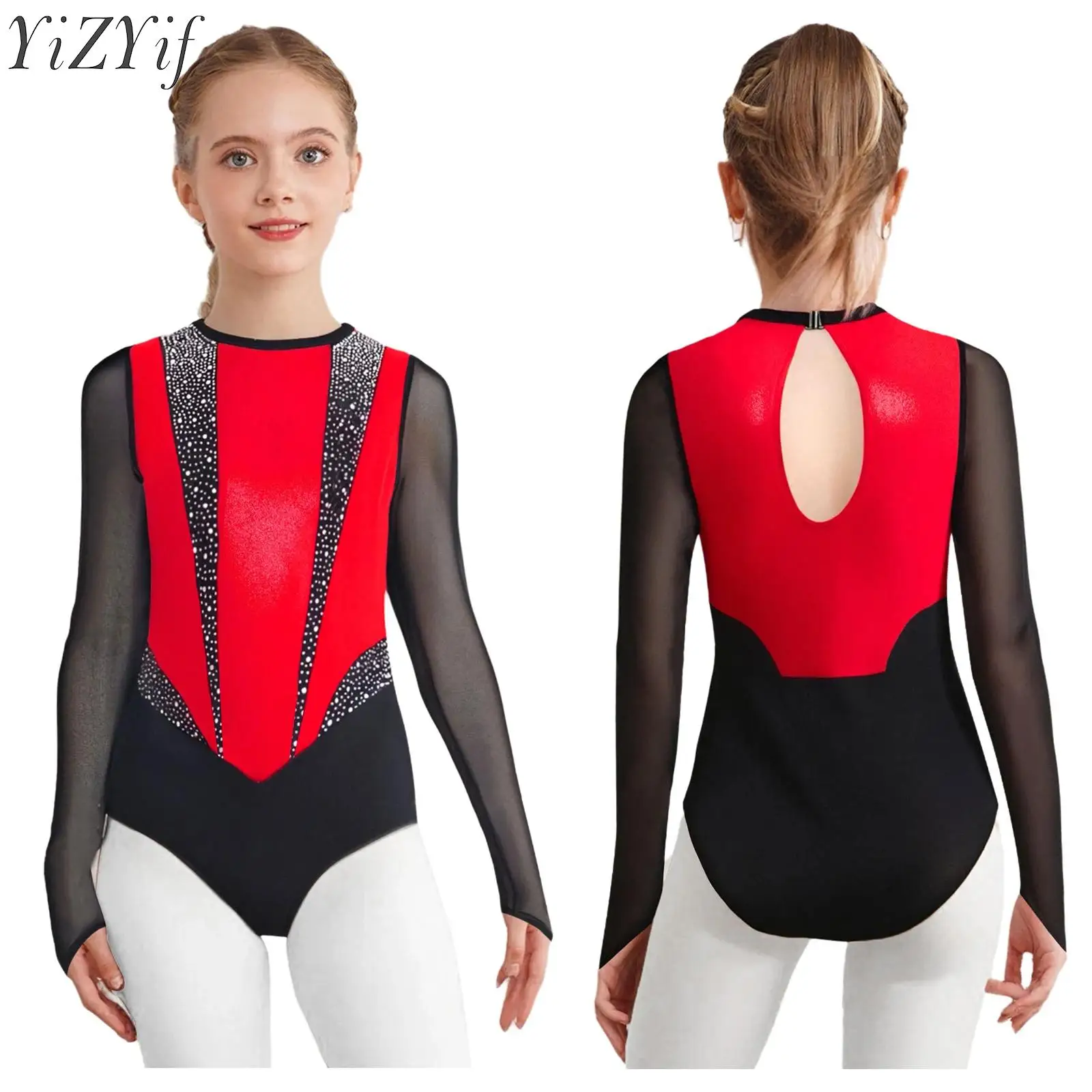 Kids Girls Ballet Gymnastics Leotard Rhinestones Metallic Sheer Mesh Long Sleeves Keyhole Back Figure Skating Dancewear Bodysuit