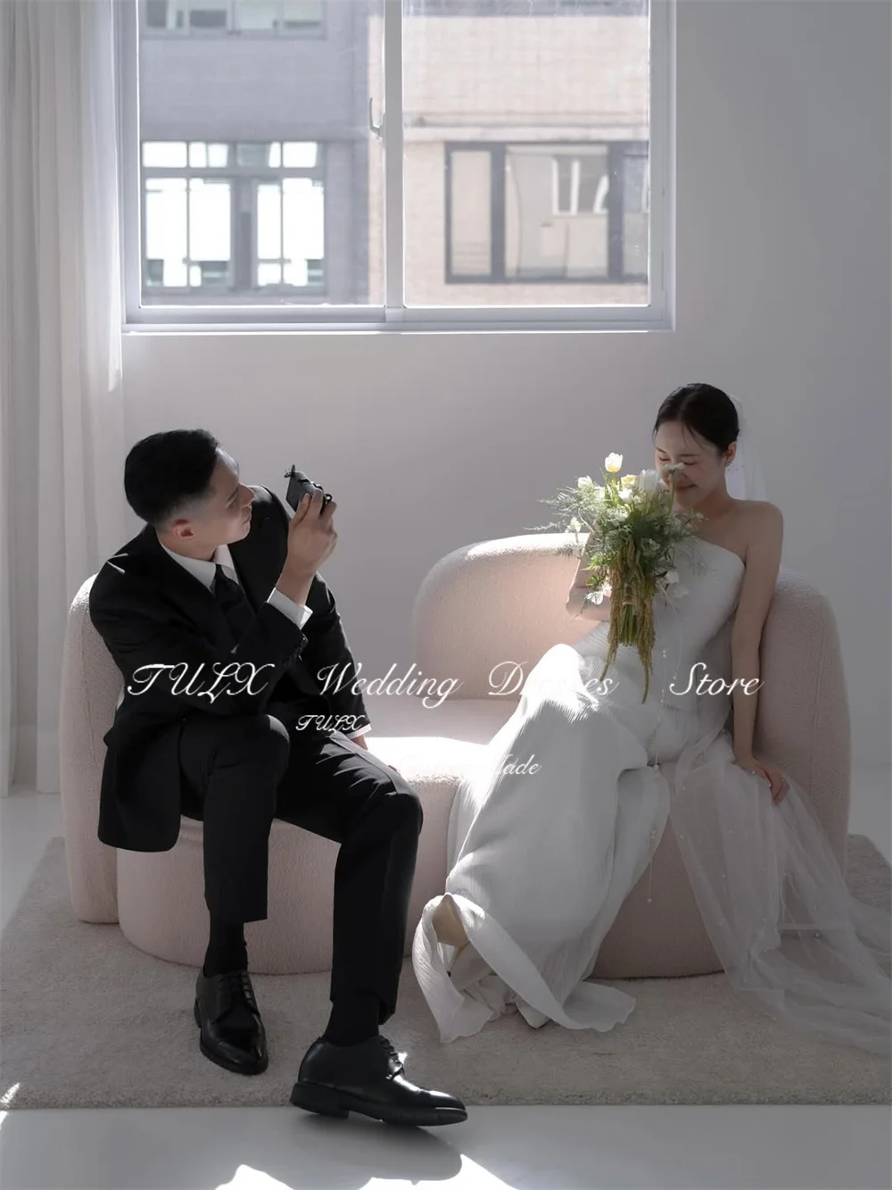 تولكس فساتين زفاف أنيقة عاجية ثنيات كوريا صورة تبادل لاطلاق النار بدون حمالات ألف خط طويل زي العرائس مشد مخصص ওয়েডিংдres 2026 #4